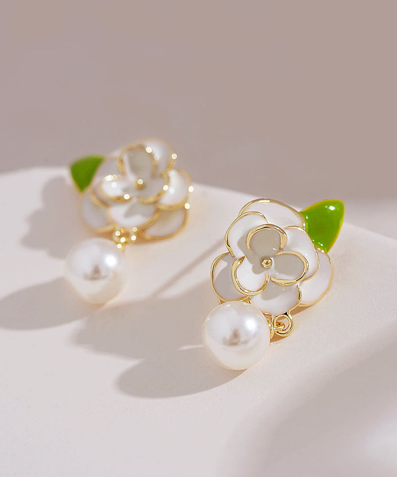 Diy White Sterling Silver Overgild Enamer Pearl Drop Earrings