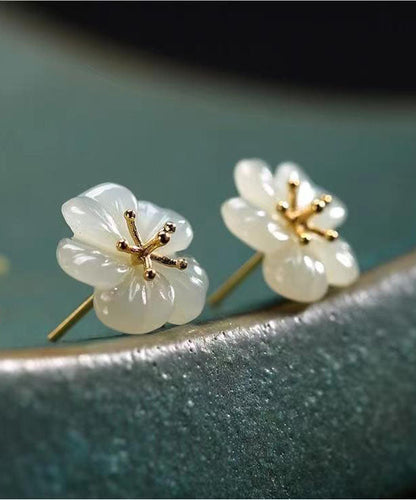 Diy White Sterling Silver Overgild Inlaid Jade Plum Blossom Stud Earrings