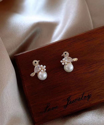 Diy White Sterling Silver Zircon Pearl Birdie Stud Earrings
