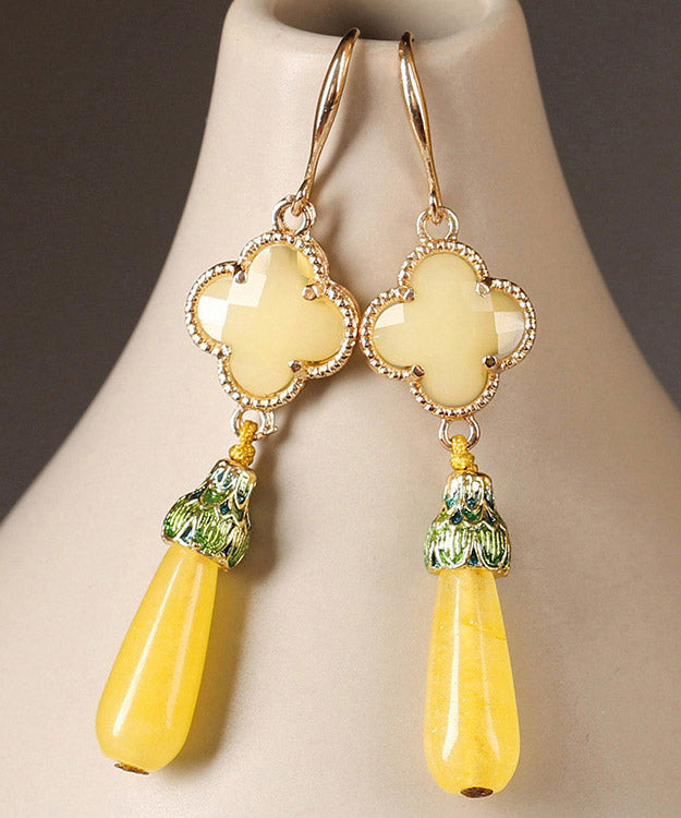 Diy Yellow Copper Jade Coloured Glaze Cloisonne Clover Drop Earrings