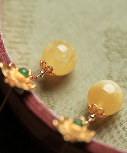 Diy Yellow Sterling Silver Beeswax Amber Jade Drop Earrings