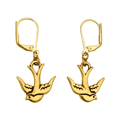 Dragonweave Swallow Bird Charm Necklace and Earring Set, Gold Plated Black Leather Choker and Leverback Earrings