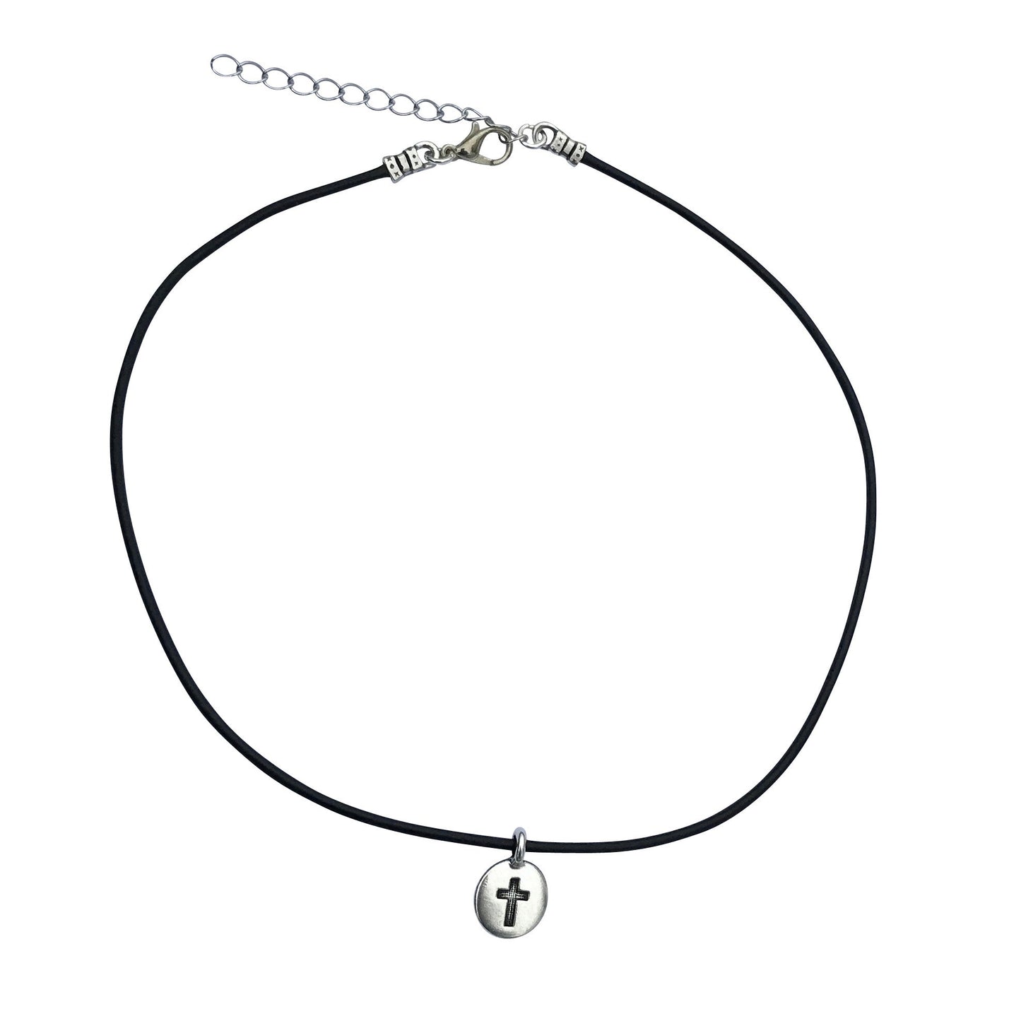 Dragonweave Cross Circle Charm Necklace and Earring Set, Silver Plated Black Leather Choker and Leverback Earrings