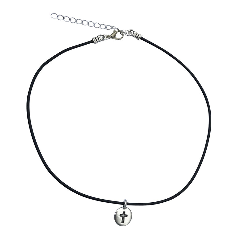 Dragonweave Cross Circle Charm Necklace and Earring Set, Silver Plated Black Leather Choker and Leverback Earrings