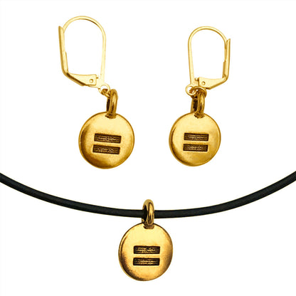 Dragonweave Equality Circle Charm Necklace and Earring Set, Gold Plated Black Leather Choker and Leverback Earrings