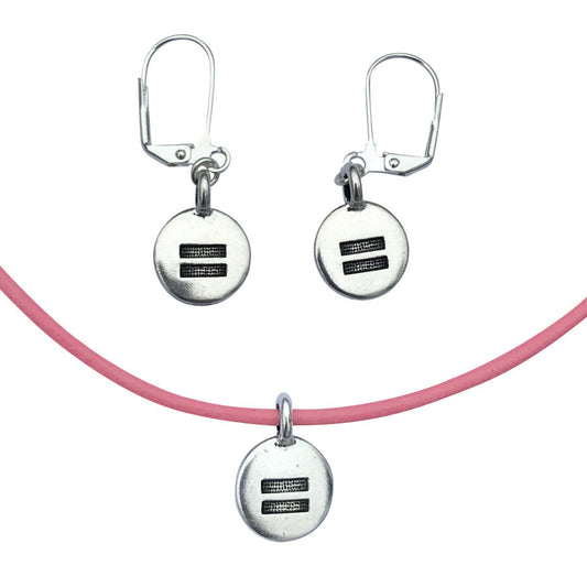 Dragonweave Equality Circle Charm Necklace and Earring Set, Silver Plated Pink Leather Choker and Leverback Earrings