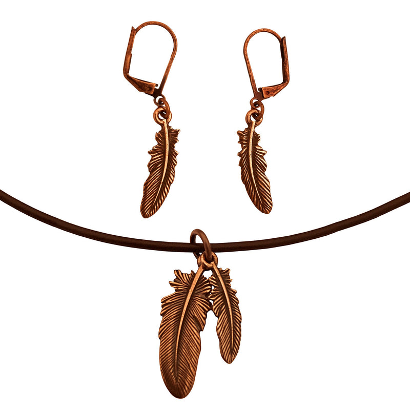 Dragonweave Feather Charm Necklace and Earring Set, Antique Copper Brown Leather Choker and Leverback Earrings