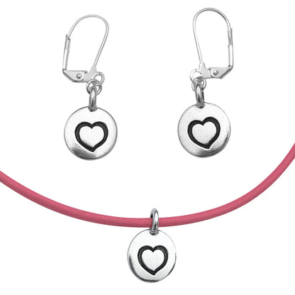 Dragonweave Heart Circle Charm Necklace and Earring Set, Silver Plated Pink Leather Choker and Leverback Earrings