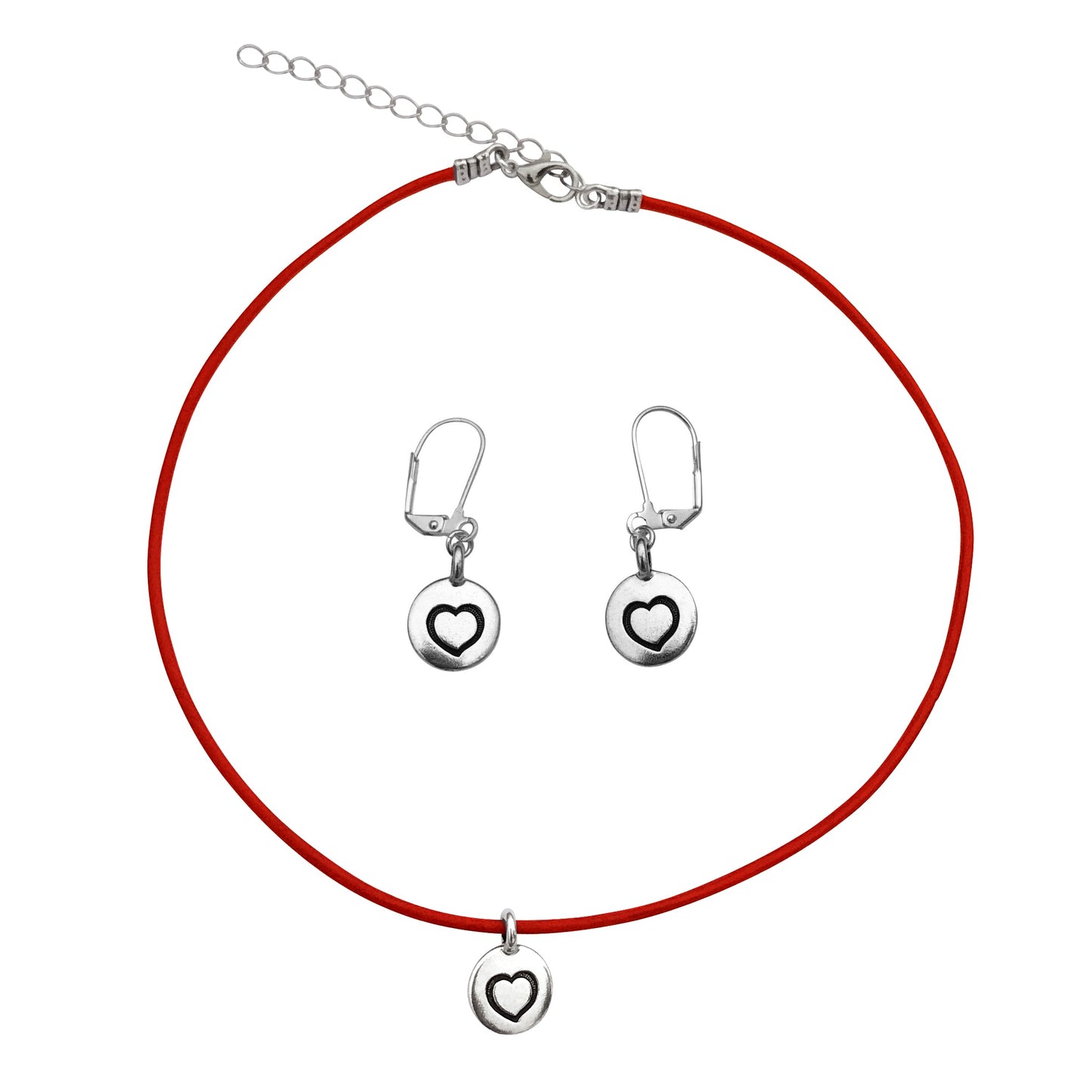 Dragonweave Heart Circle Charm Necklace and Earring Set, Silver Plated Red Leather Choker and Leverback Earrings