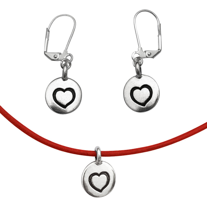 Dragonweave Heart Circle Charm Necklace and Earring Set, Silver Plated Red Leather Choker and Leverback Earrings