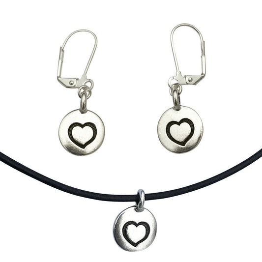 Dragonweave Heart Circle Charm Necklace and Earring Set, Silver Plated Black Leather Choker and Leverback Earrings