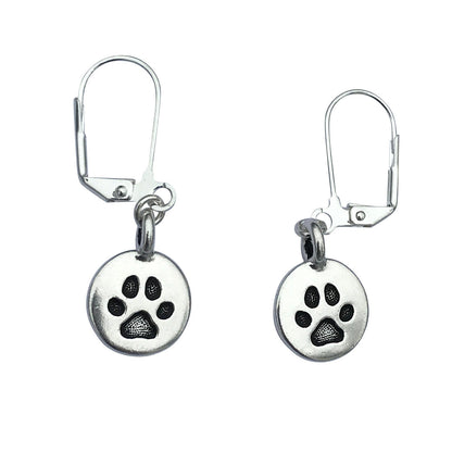 Dragonweave Paw Circle Charm Necklace and Earring Set, Silver Plated Black Leather Choker and Leverback Earrings