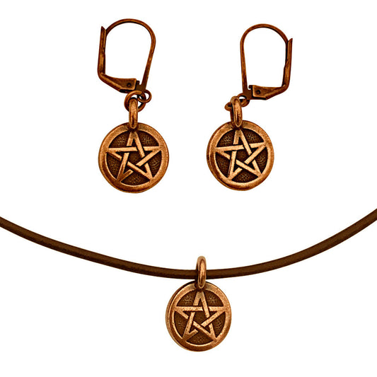 Dragonweave Pentagram Circle Charm Necklace and Earring Set, Antique Copper Brown Leather Choker and Leverback Earrings