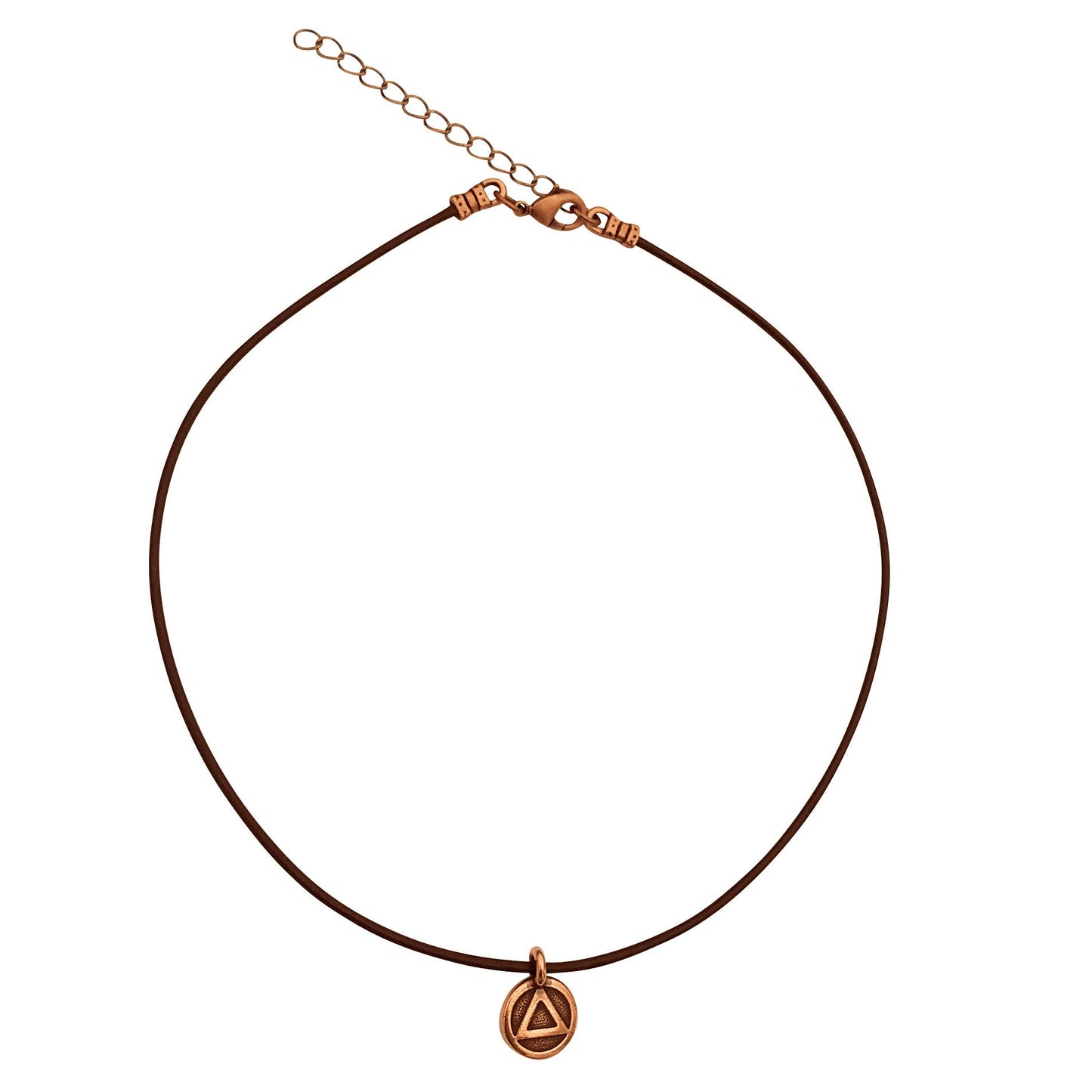 Dragonweave Recovery Triangle Circle Charm Necklace and Earring Set, Antique Copper Brown Leather Choker and Leverback Earrings