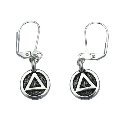 Dragonweave Recovery Triangle Circle Charm Necklace and Earring Set, Silver Plated Black Leather Choker and Leverback Earrings