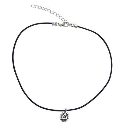 Dragonweave Recovery Triangle Circle Charm Necklace and Earring Set, Silver Plated Black Leather Choker and Leverback Earrings