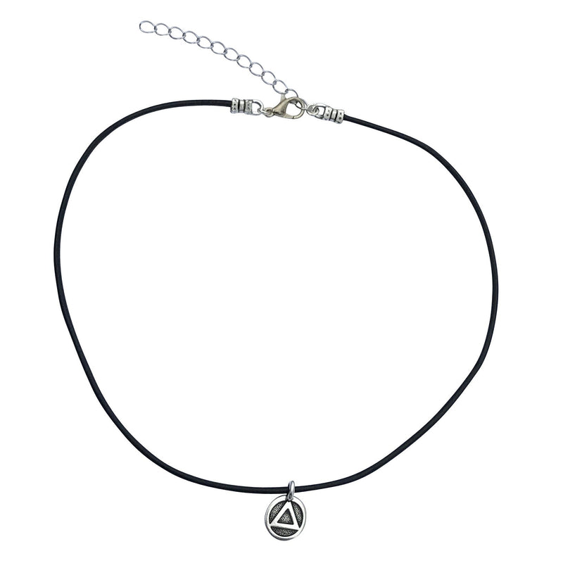 Dragonweave Recovery Triangle Circle Charm Necklace and Earring Set, Silver Plated Black Leather Choker and Leverback Earrings