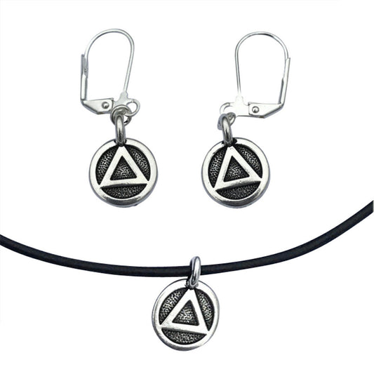 Dragonweave Recovery Triangle Circle Charm Necklace and Earring Set, Silver Plated Black Leather Choker and Leverback Earrings