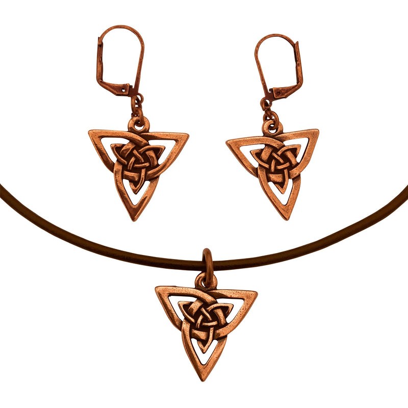Dragonweave Celtic Trine Charm Necklace and Earring Set, Antique Copper Brown Leather Choker and Leverback Earrings