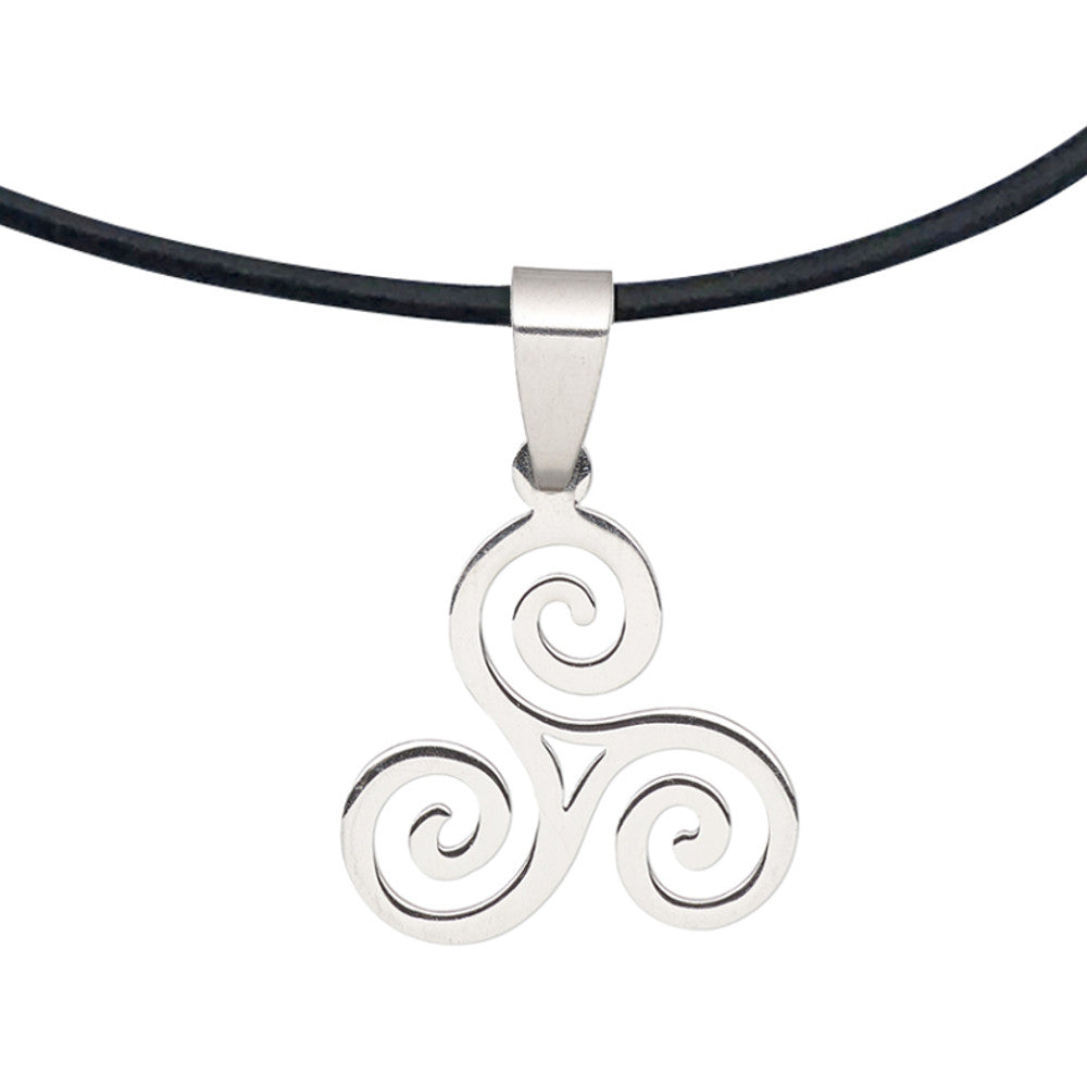 Dragonweave Steel Celtic Triskele Spiral Pendant Necklace on Black Leather Cord, Adjustable