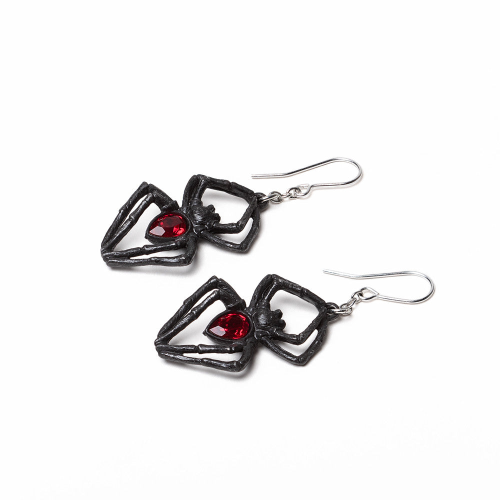 Black Widow Spider Earrings With Red Crystals by Alchemy Gothic