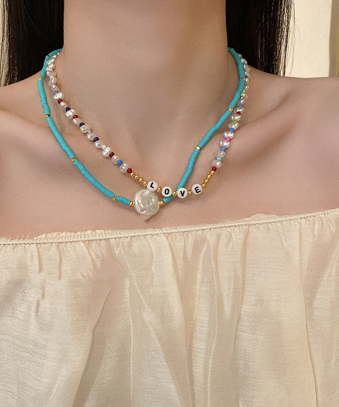 Blue Alloy Acrylic Pearl Bilayer Beading Graduated Bead Necklace