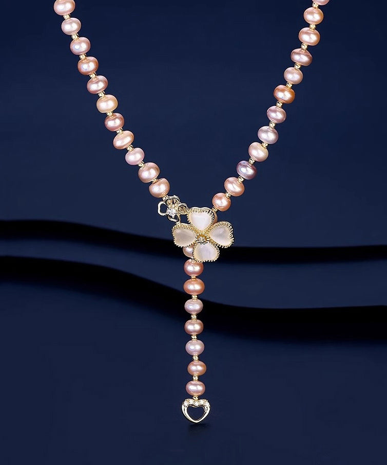 Champagne Alloy Pearl Zircon Lariat Necklace