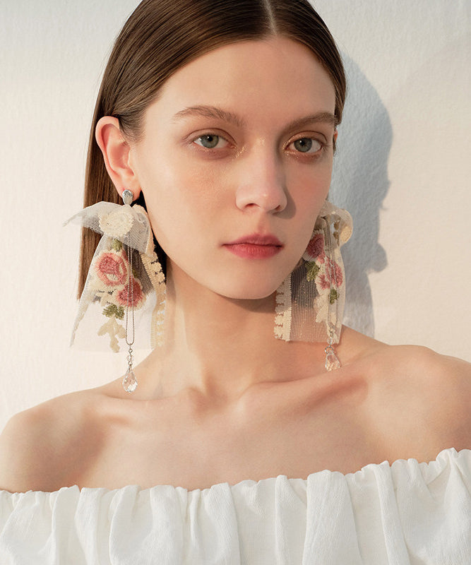 Embroidered Rose Mesh Dangle With Crystal Tasseled Pendant Earrings