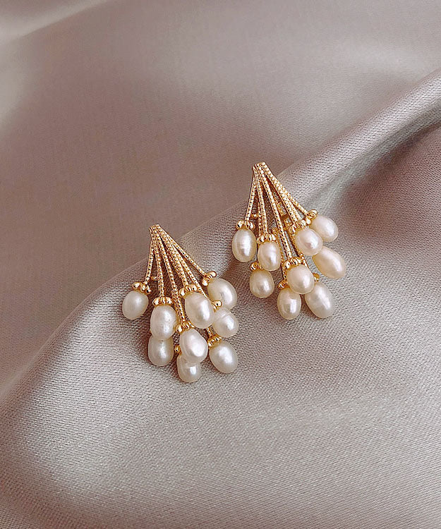 Gold Alloy Pearl Grape Tassel Drop Earrings