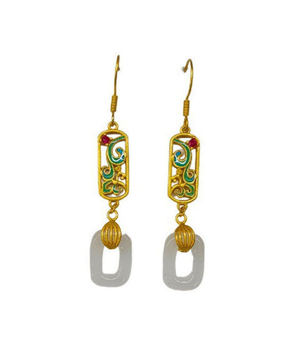Gold Ancient Gold Jade Enamel Ping Buckle Drop Earrings