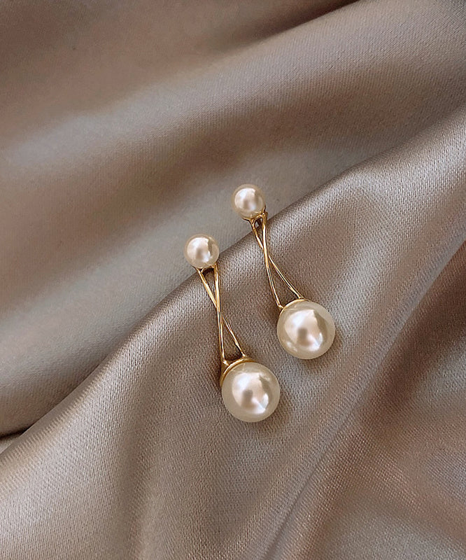 Gold Metal Overgild Pearl Cross Connection Stud Earrings