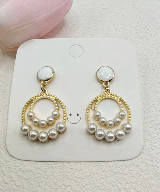 Gold Sterling Silver Alloy Pearl Circle Drop Earrings