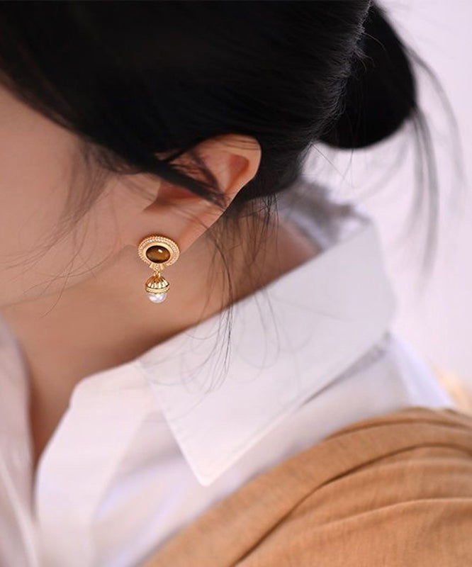 Overgild Gold Pearl Earrings Silver Drop Sterling Tassel
