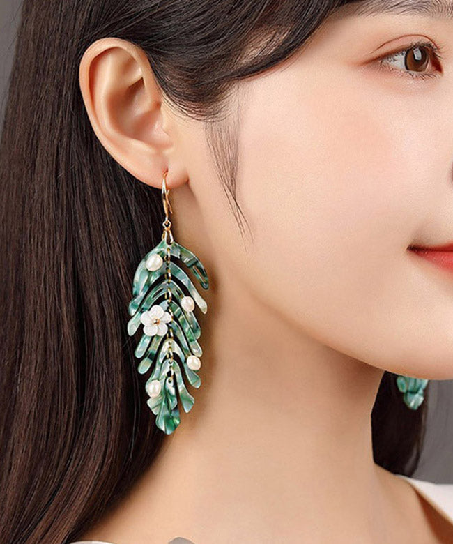 Green Copper Pearl Shell Flower Asymmetricar Leaf Drop Earrings