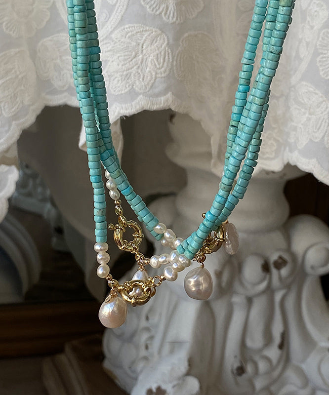 Green Copper Turquoise Pearl Pendant Necklace