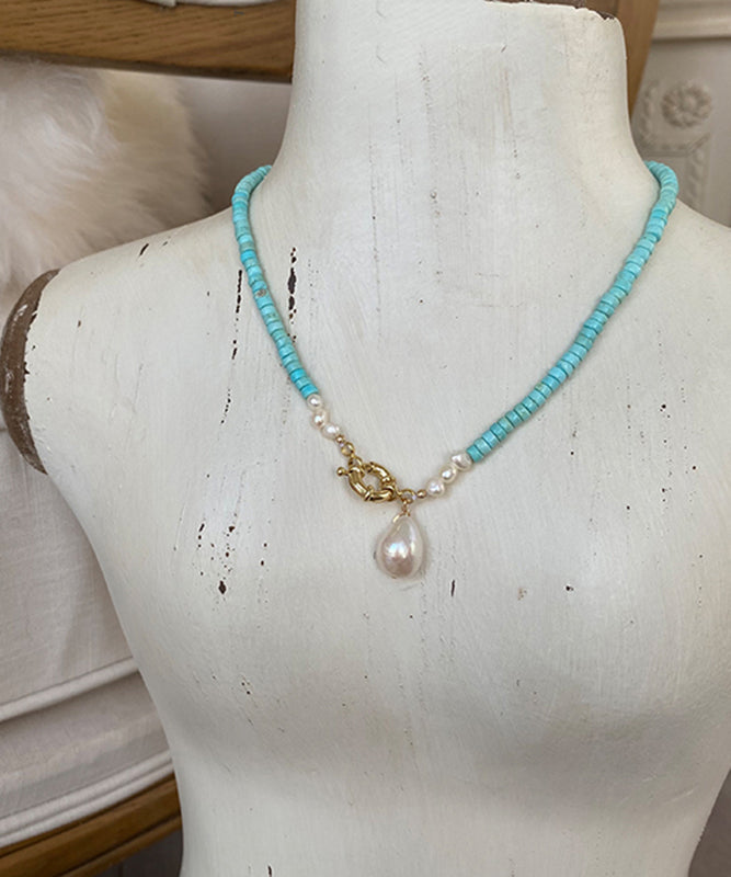Green Copper Turquoise Pearl Pendant Necklace