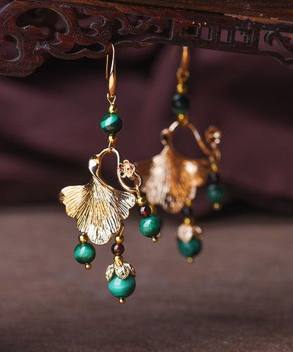 Green Malachite Ginkgo Leaf 14k Gold Drop Earrings
