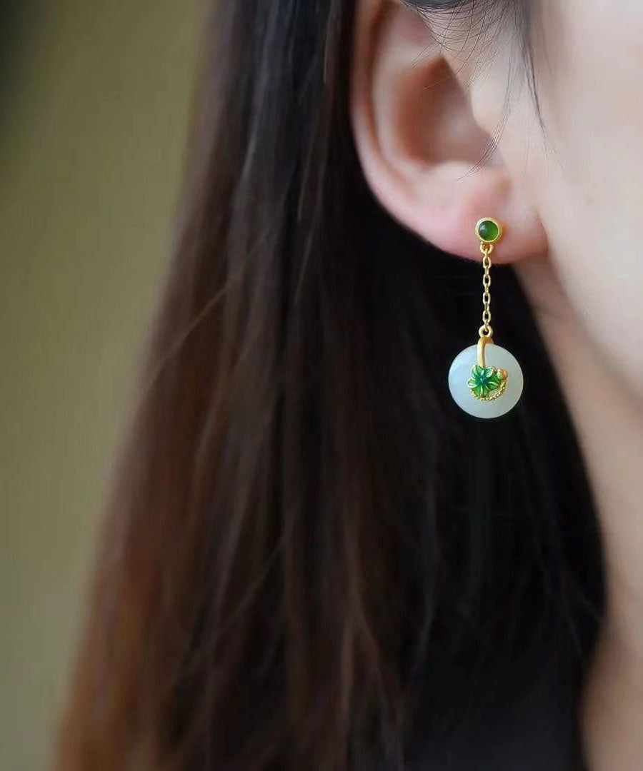 Green Sterling Silver Overgild Jade Lotus Drop Earrings