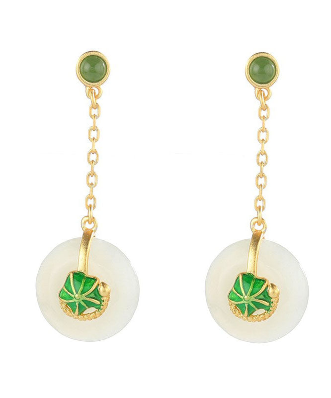 Green Sterling Silver Overgild Jade Lotus Drop Earrings