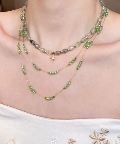 Green String Beads Layering Alloy Two Piece Set Necklace