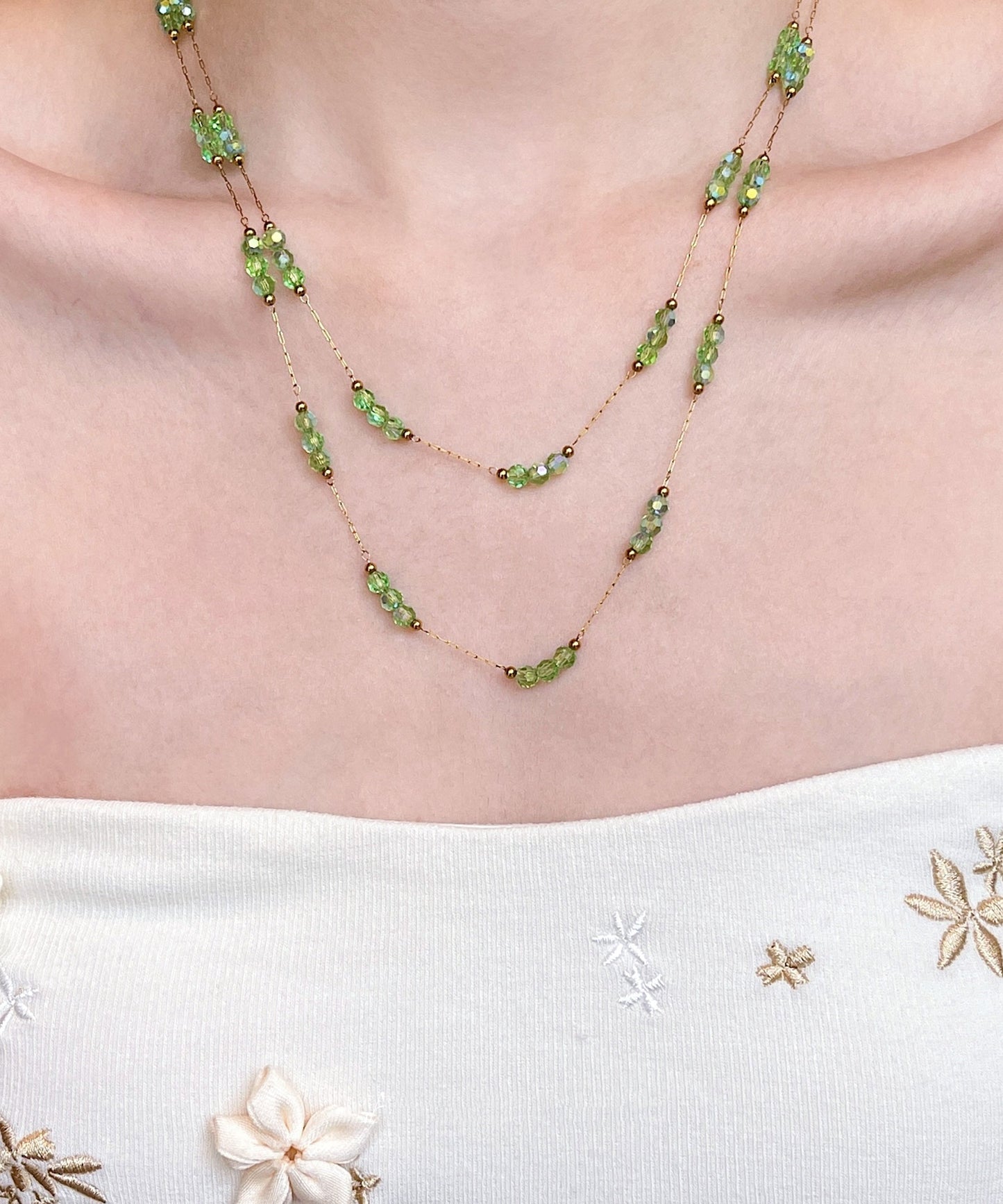 Green String Beads Layering Alloy Two Piece Set Necklace