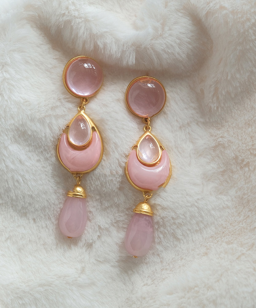 Pink Sterling Silver Overgild Crystal Coloured Glaze Water Drop Drop Earrings Gh1069