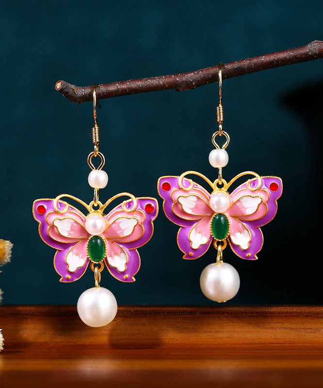 Purple Copper Overgild Acrylic Pearl Butterfly Drop Earrings