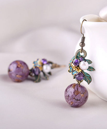 Purple Sterling Silver Zircon Jade Crystal Cloisonne Coloured Glaze Drop Earrings