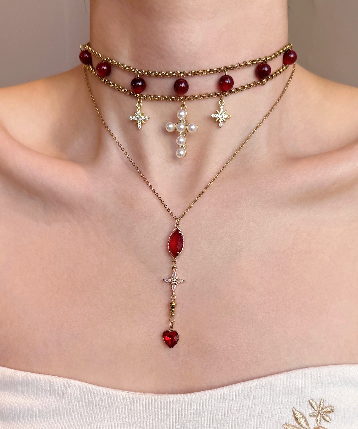 Red Cat's Eye Cross Layering Alloy Two Piece Set Pendant Necklace