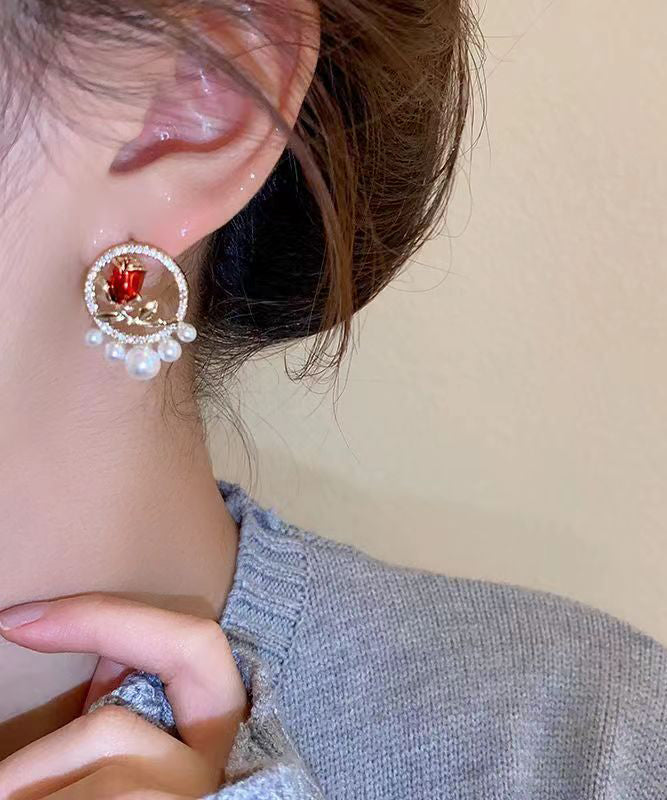 Red Copper Zircon Pearl Rose Stud Earrings Kx1019