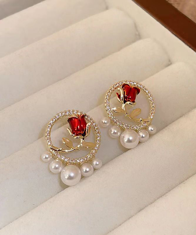 Red Copper Zircon Pearl Rose Stud Earrings Kx1019