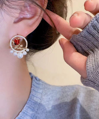 Red Copper Zircon Pearl Rose Stud Earrings Kx1019
