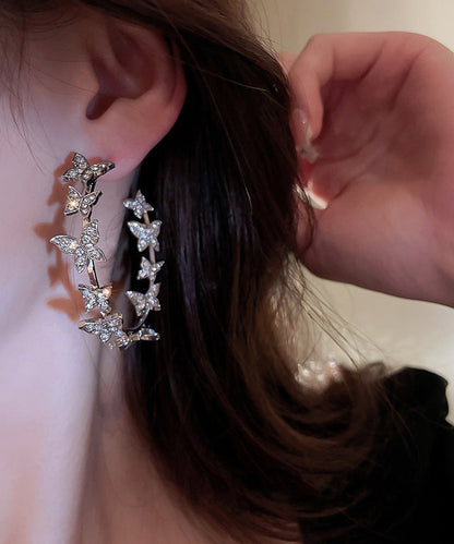 Silk Alloy Butterfly Patchwork Zircon C Shapes Hoop Earrings