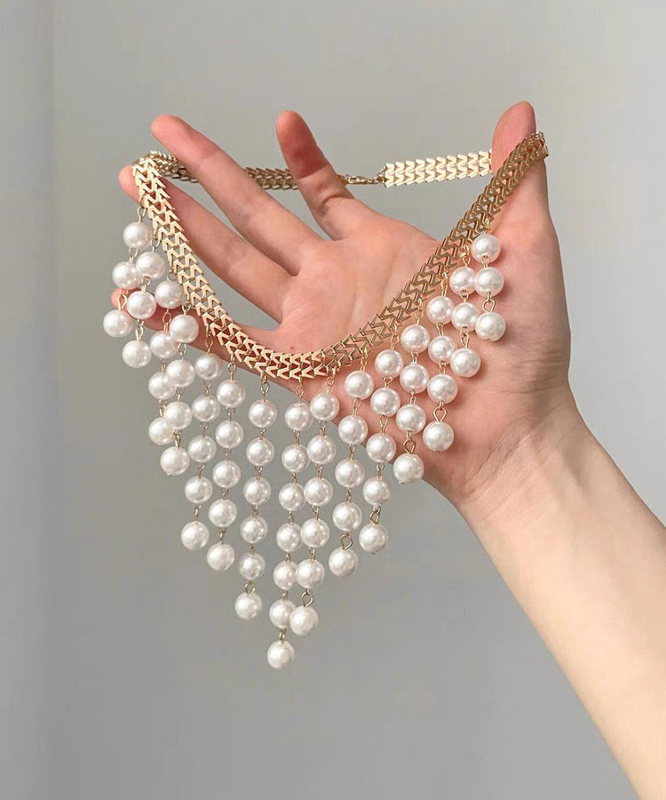 White Alloy Chain Grapes Pearl Tassel Pendant Necklace